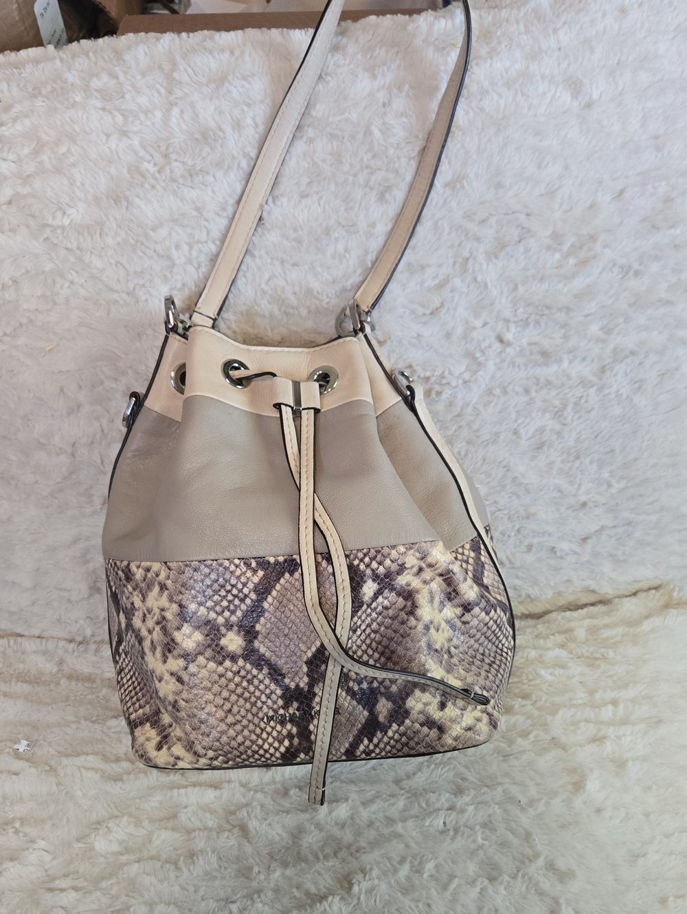 Michael Kors Neutral Snake-Print Drawstring Shoulder Bag